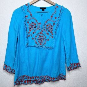 J. Crew Top Linen Embroidered Blue Red Ruffle Keyhole Half Sleeve